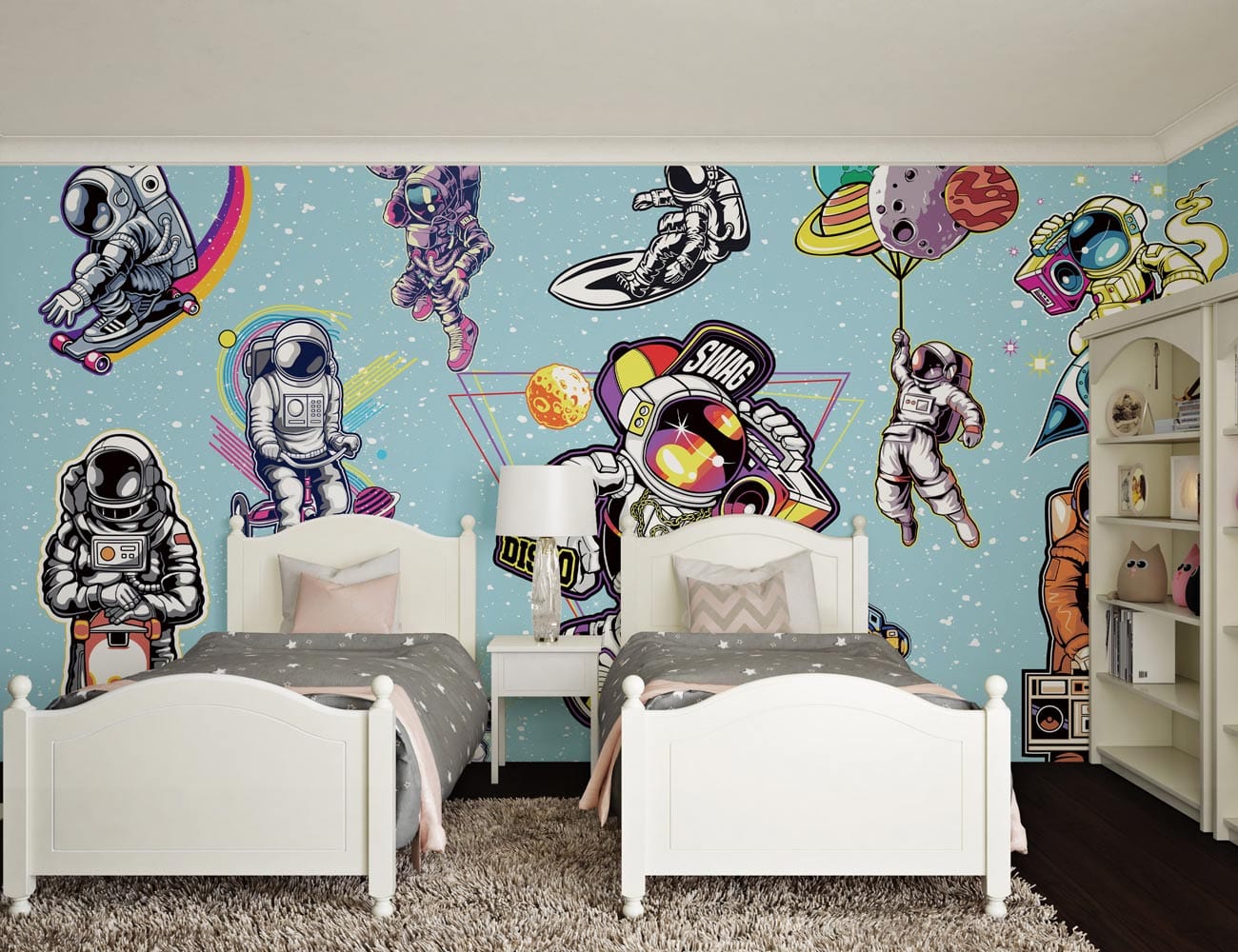 astronauts with rocket skateboard funny wallpaper bedroom