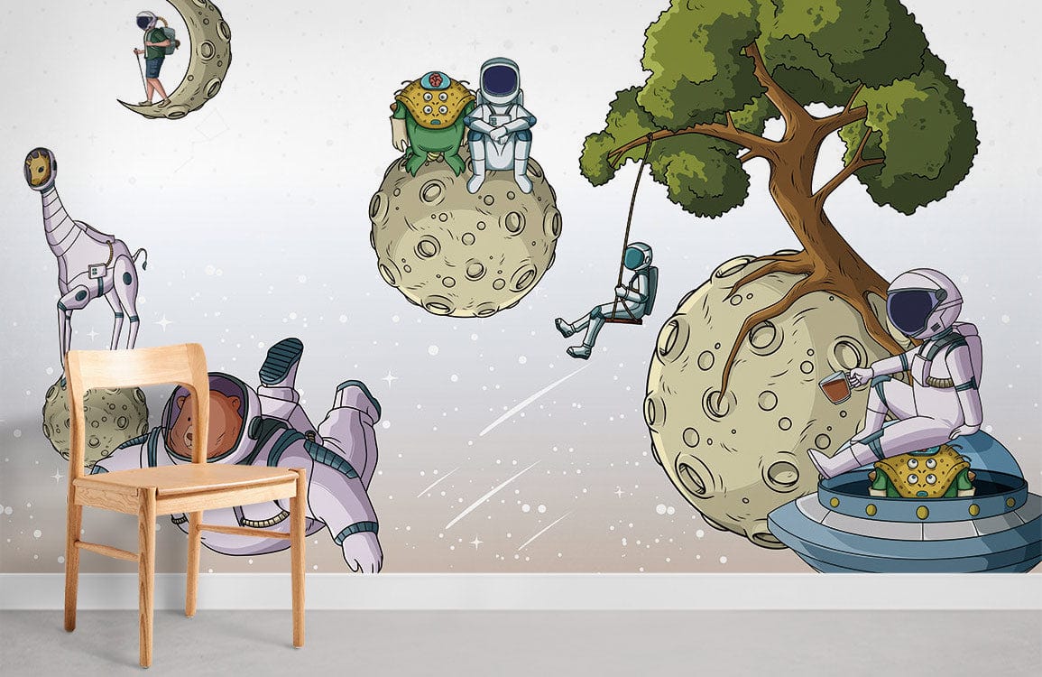 astronaut play and rest near a tree wall mural for room