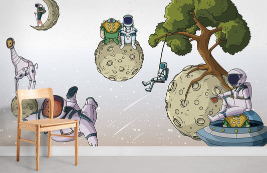 astronaut play and rest near a tree wall mural for room