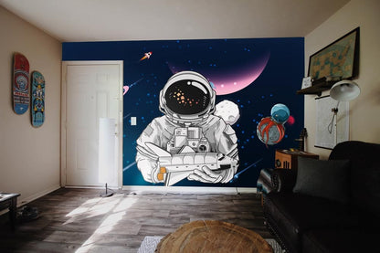 white astronaut with grand meteor wallpaper living room
