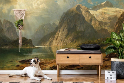 Scenic Lake Mountain Landscape Mural Wallpaper in living room