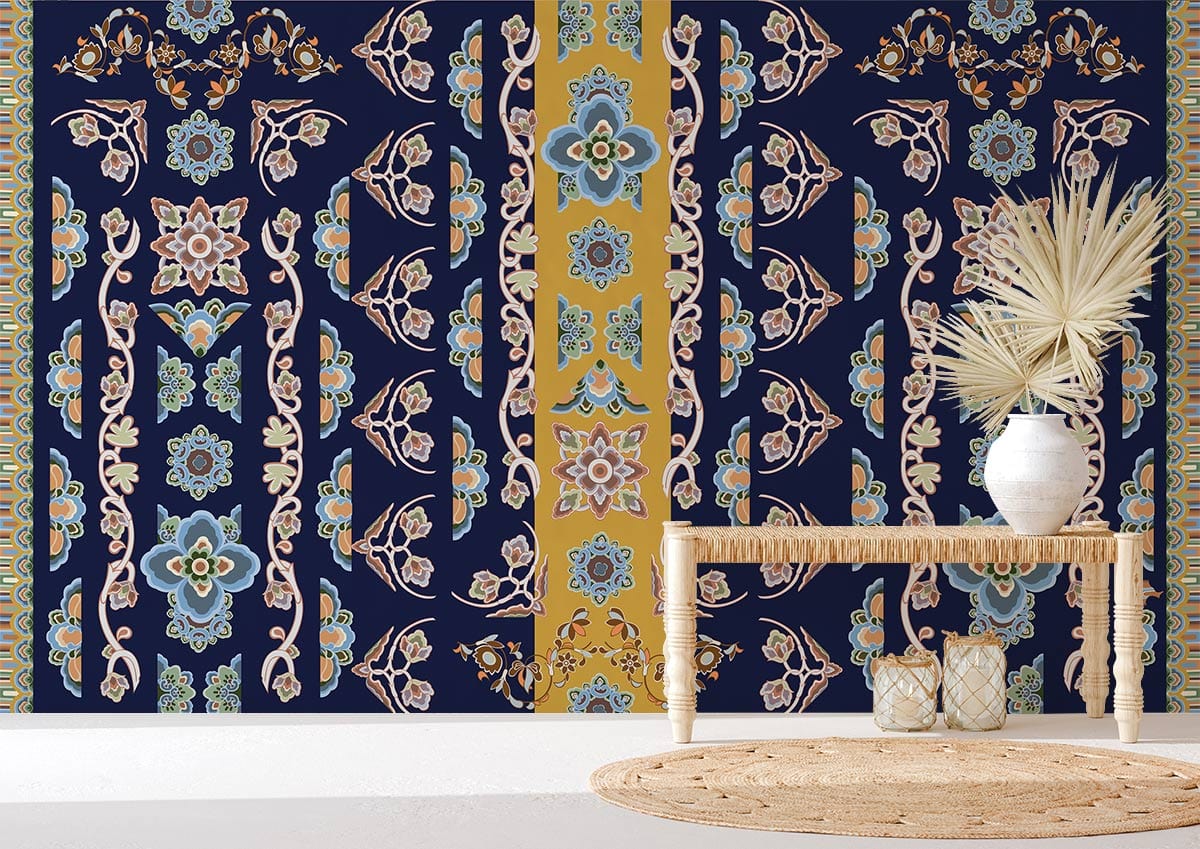 Auspicious Blue Flowers Wall Mural Decoration Design