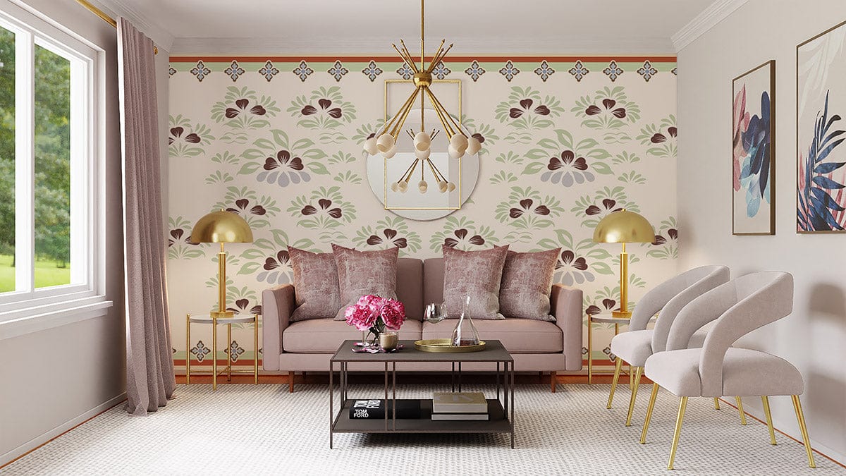 Living Room Decoration Featuring a Beauteous Green Wallpaper Mural