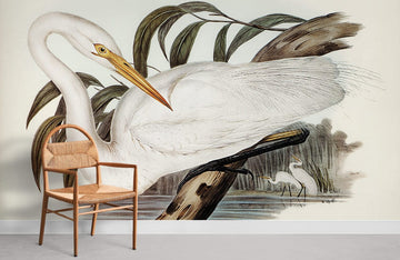 Elegant White Heron Botanical Mural Wallpaper