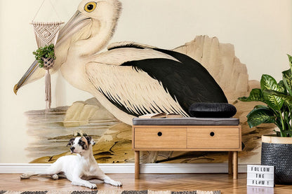 Vintage Pelican Nature Illustration Mural Wallpaper in living room