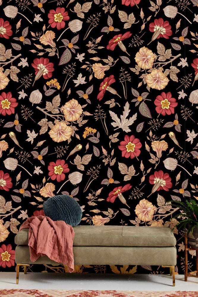 Wallpaper mural featuring autumn leaves and flowers, perfect for use in hallway decor.