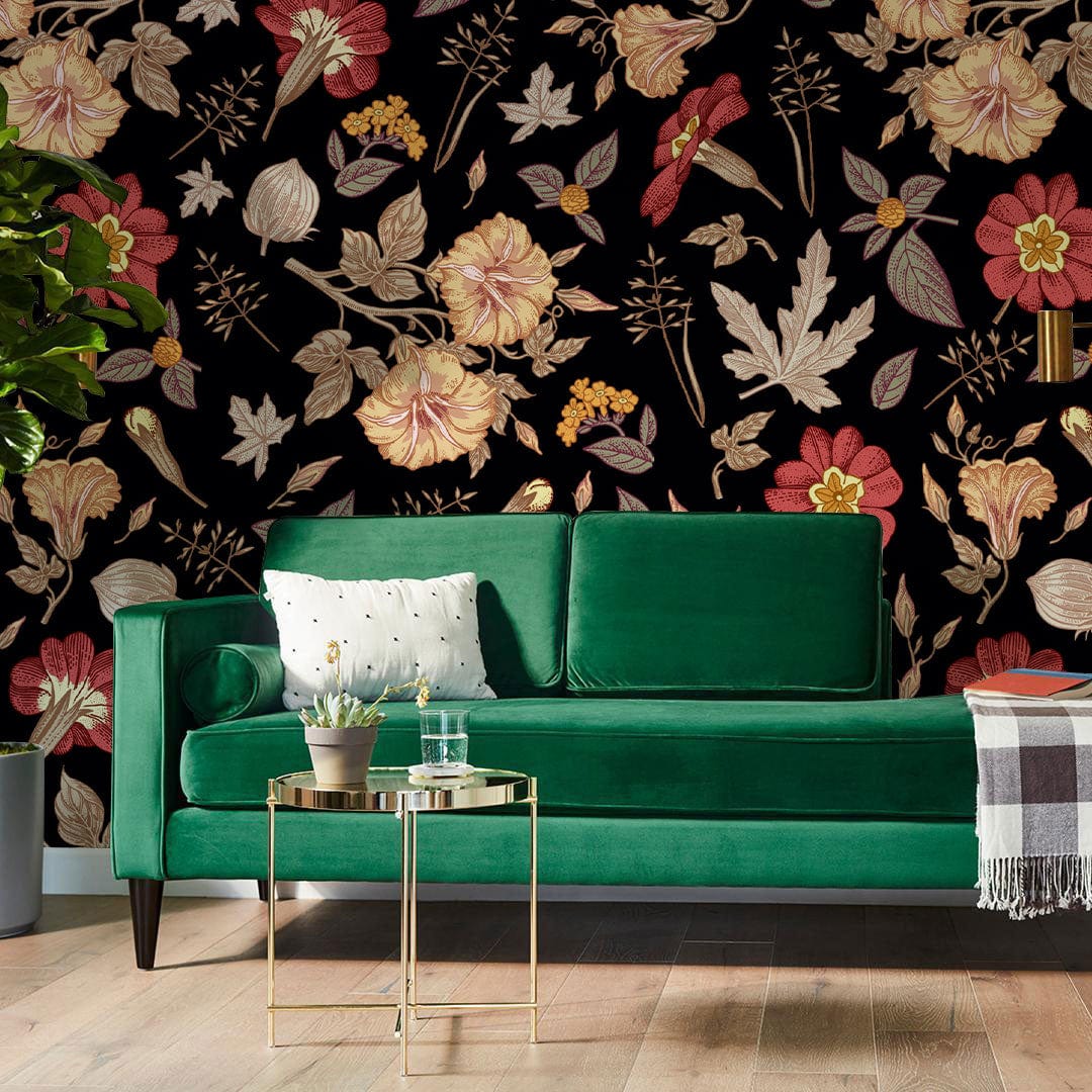 Wallpaper mural with fall foliage and floral arrangements, ideal for use in living rooms.