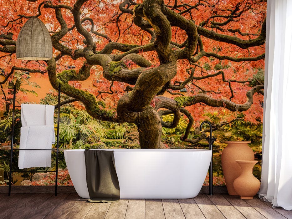 Wallpaper mural with an autumn winding tree scene for use in decorating the bathroom