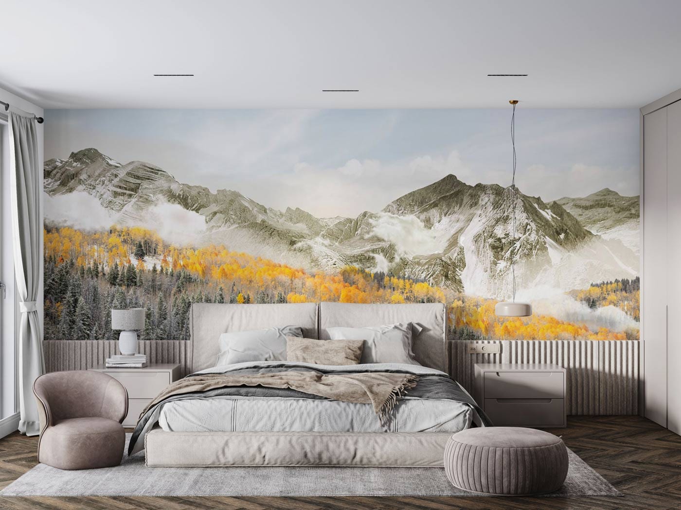 Wallpaper mural featuring an Autumn forest and mountain scene for use in decorating bedrooms