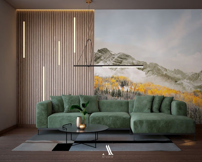 Wallpaper mural with an autumn forest and mountain scene for the living room's decor