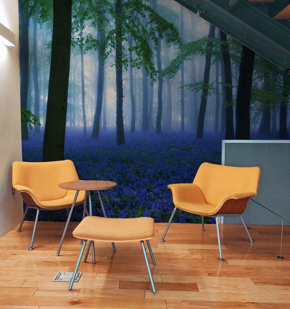 forest landscape of dense blue wild flowers customized wallpaper