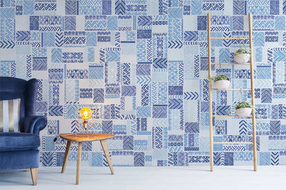 Aztec Patchwork Pattern Blue Tile Custom Wallpaper