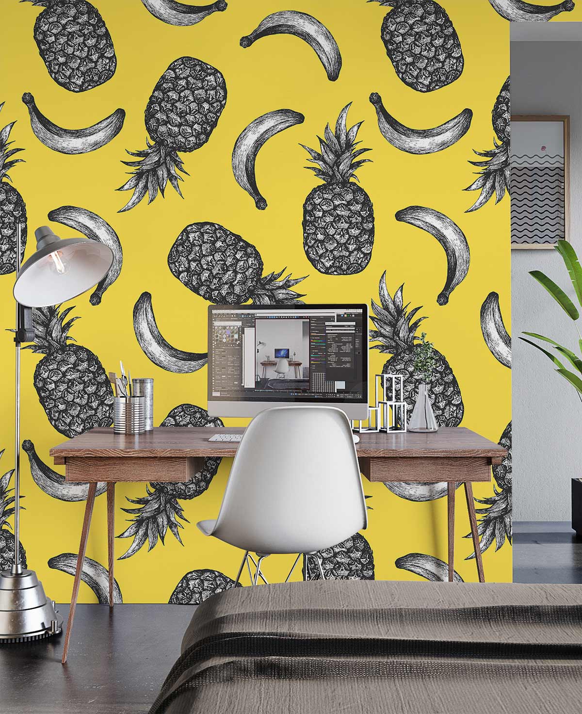 sketched Banana & Pineapple fruit Wallpaper Mural for office design