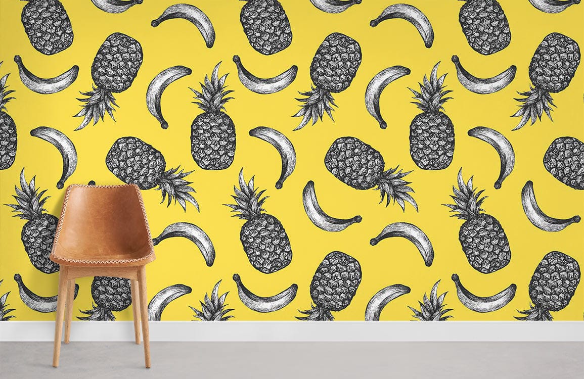 sketched Banana & Pineapple fruit Wallpaper Mural for Room decor