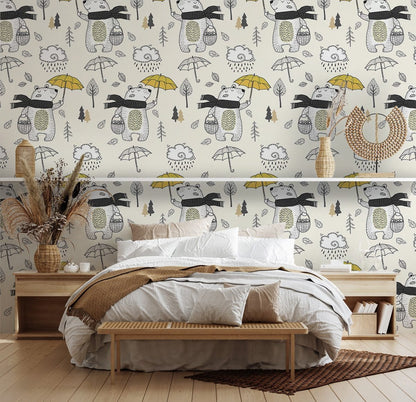 Cute Animal Illustration Kids Mural Wallpaper in bedroom