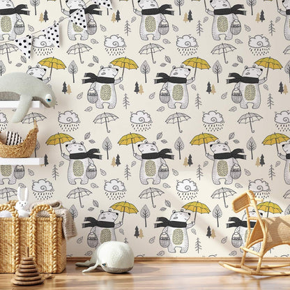 Cute Animal Illustration Kids Mural Wallpaper in child's room
