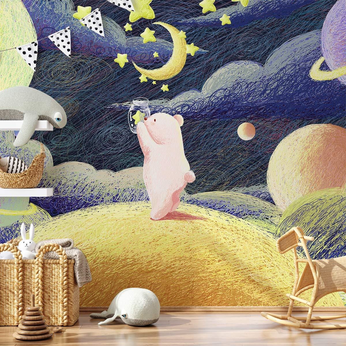 Whimsical Space Bear Kids Mural Wallpaper
