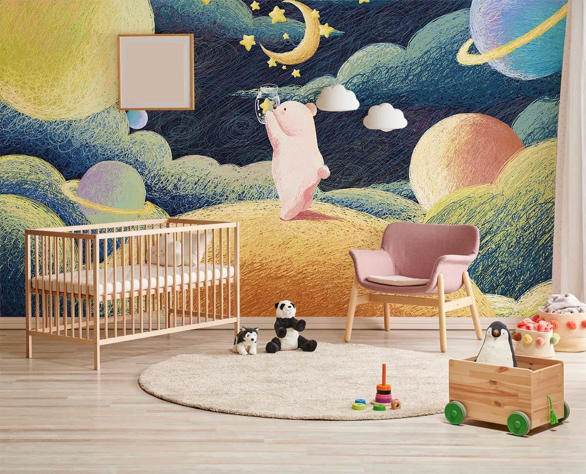 Whimsical Cosmic Planets Kids Mural Wallpaper in nursery