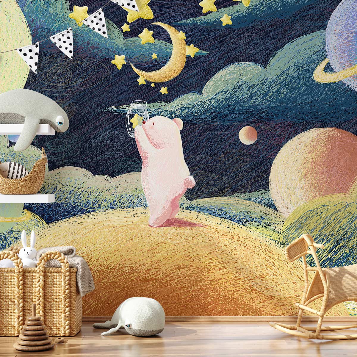 Whimsical Cosmic Planets Kids Mural Wallpaper in children's room