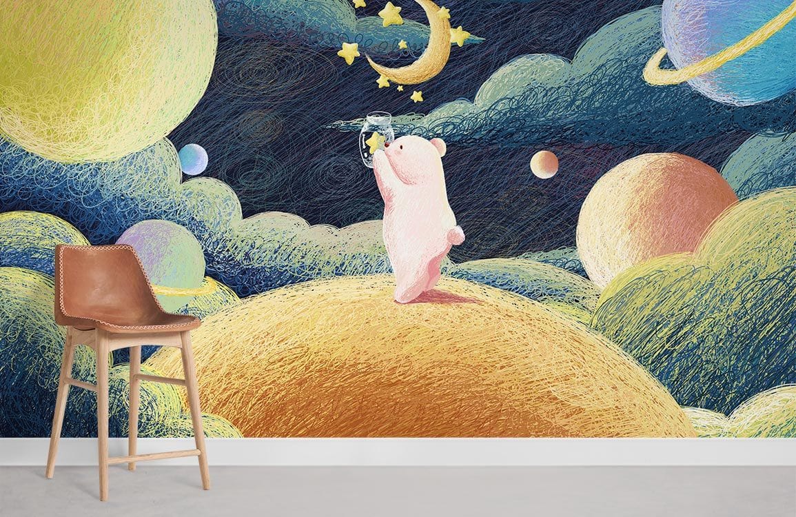 Whimsical Cosmic Planets Kids Mural Wallpaper in playroom