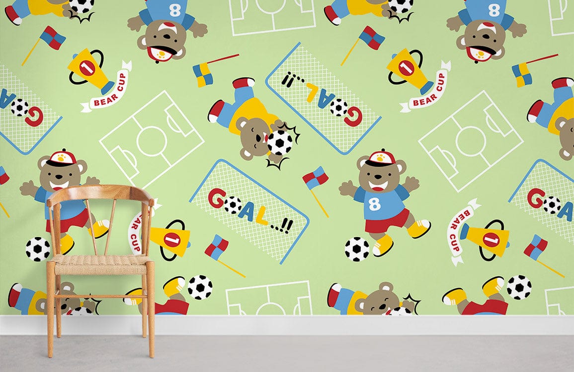 Bear Soccer Animal Pattern Wallpaper Room Decoration Idea