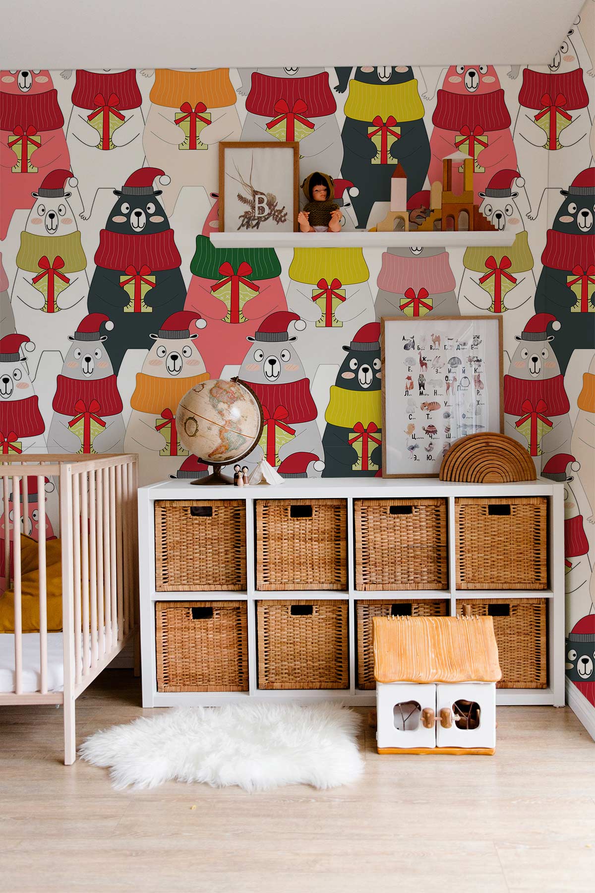 Christmas bears wallpaper mural for nursery room