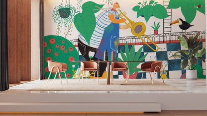 Colorful Whimsical Garden Illustration Mural Wallpaper in dining room