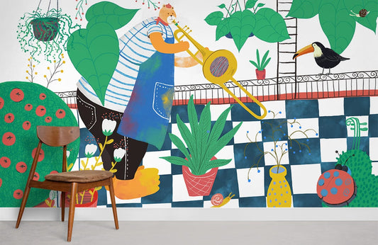 Colorful Whimsical Garden Illustration Mural Wallpaper