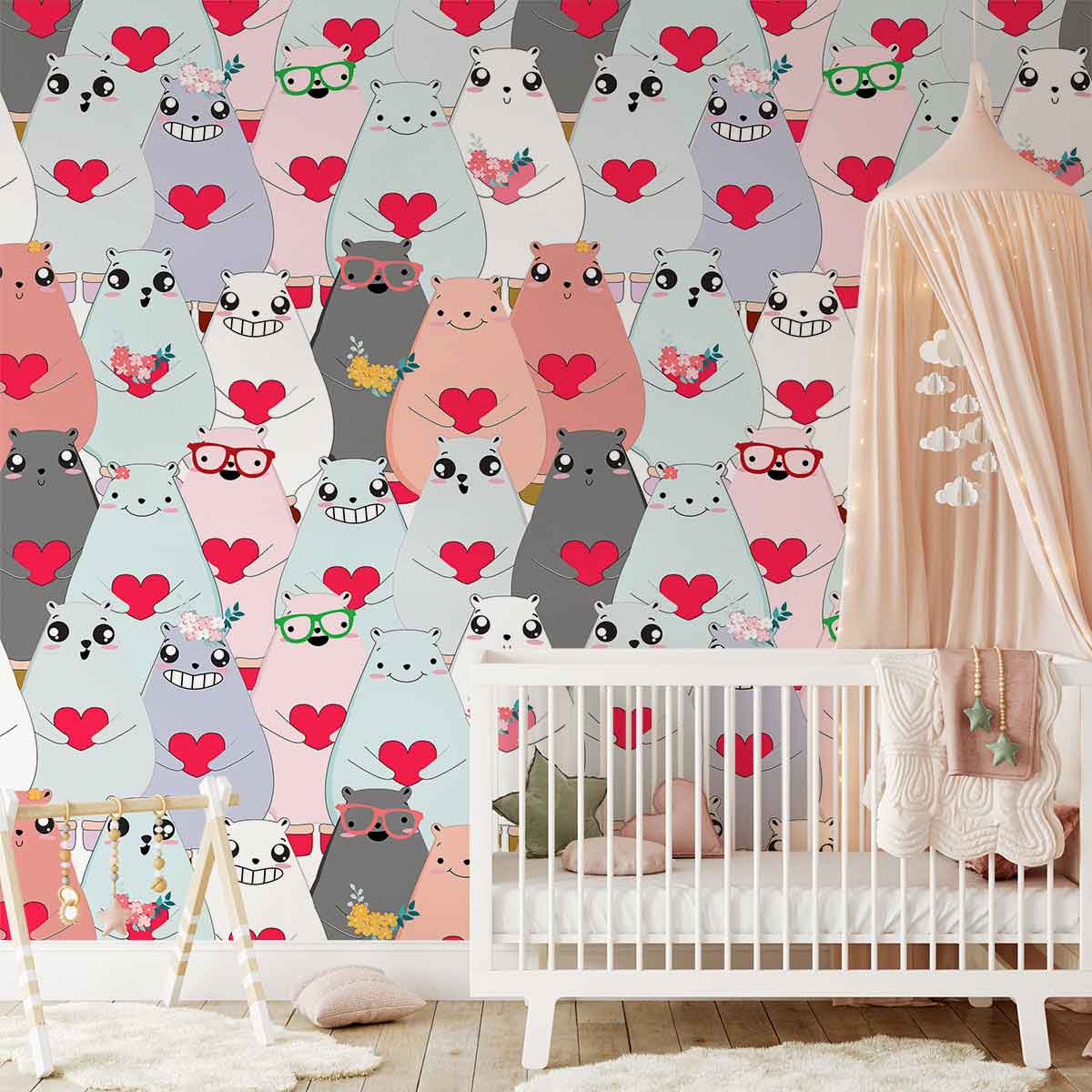 adorable cartoon bears wallpaper mural for nursery room