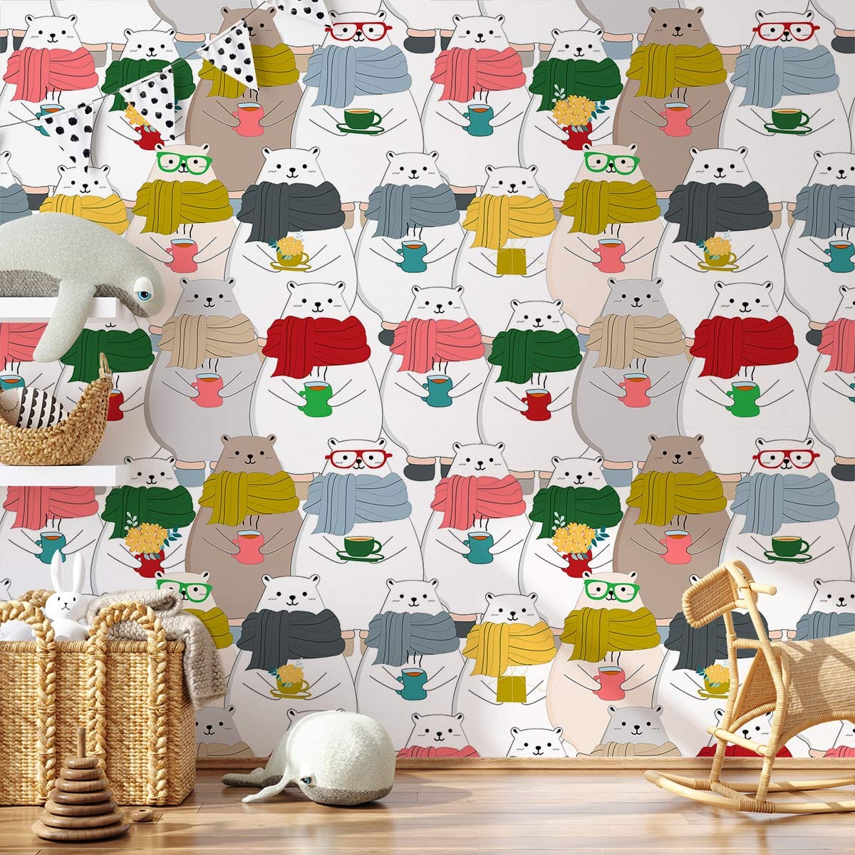 bears with different color scarves wallpaper mural for kid's room