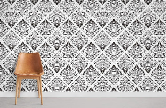 Elegant Damask Black White Mural Wallpaper