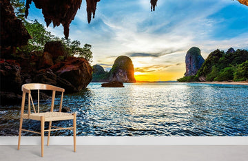 Tropical Beach Sunset Cave Mural Wallpaper