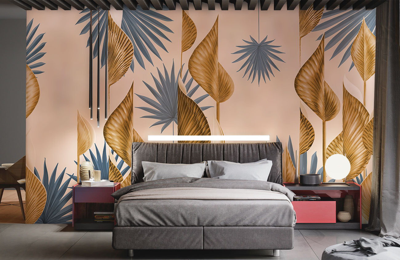 3D gold leaves wallpaper mural for bedroom