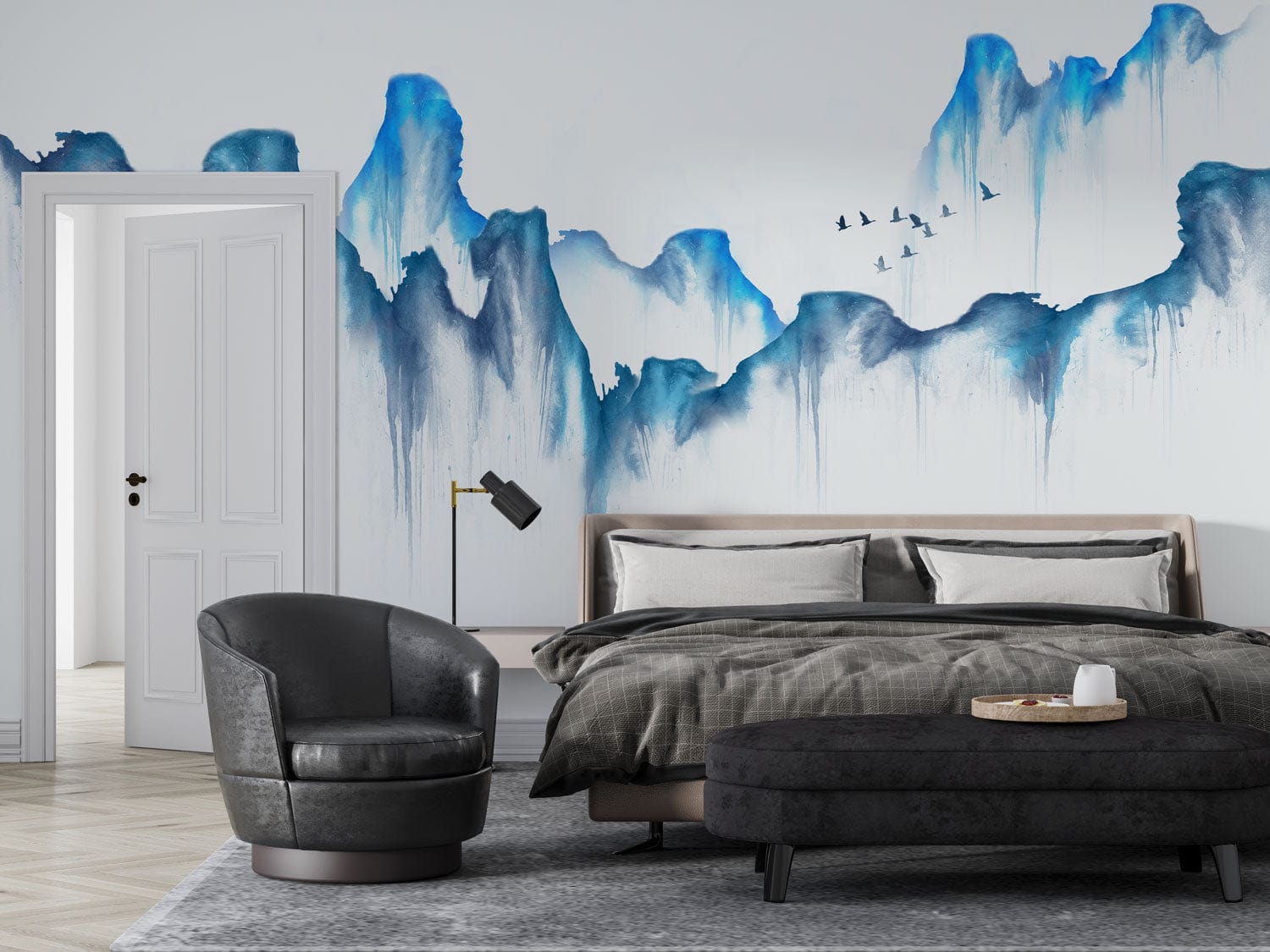 blue watercolor mountain wallpaper mural