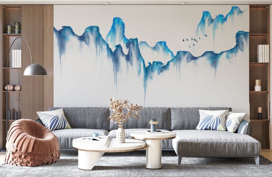 blue watercolor valley wallpaper mural living room decor