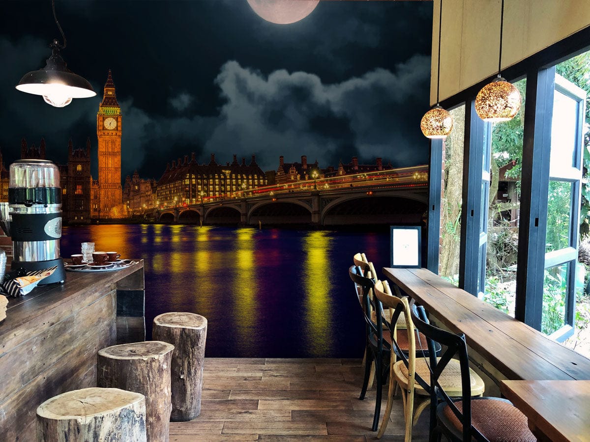 Big Ben and the Night Sky with a Full Moon Wallpaper Mural for the Dining Room Decor