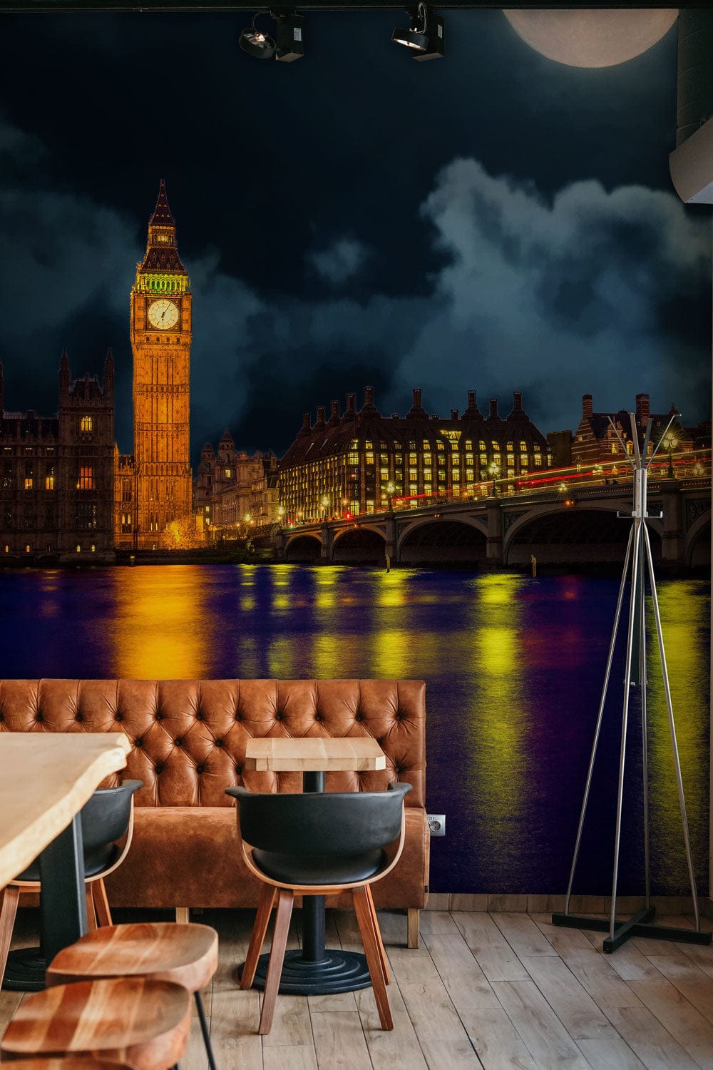 Wallpaper mural depicting Big Ben with a full moon illuminating the night sky, ideal for use in dining rooms.