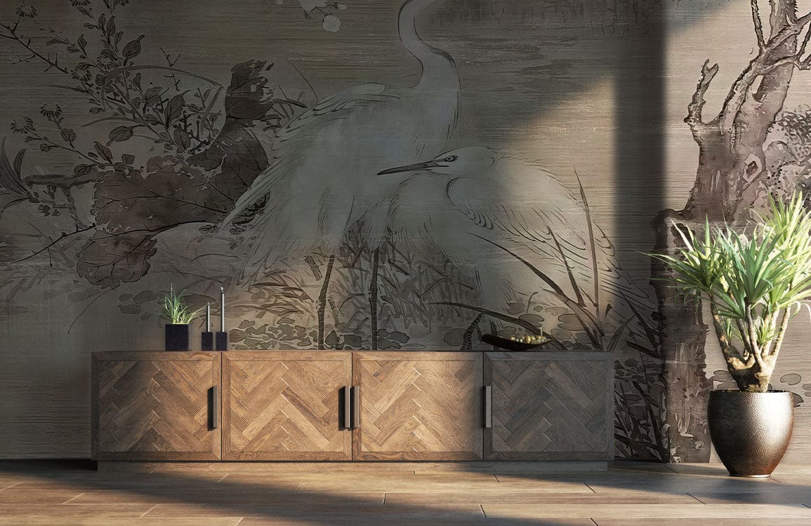 Bird Beside Pond Wallpaper Mural | Vinatge Mural Art Design