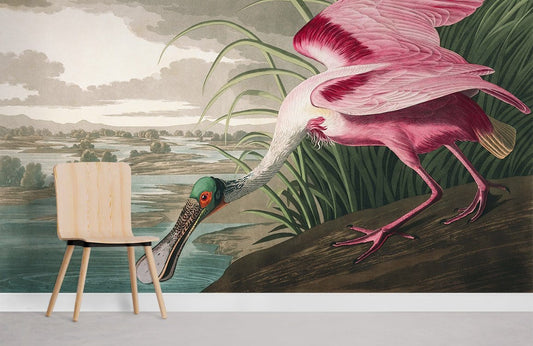 Vintage Roseate Spoonbill Bird Mural Wallpaper