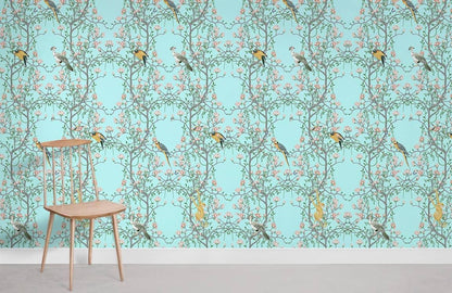Vintage Bird Floral Teal Mural Wallpaper