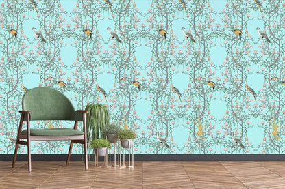 Vintage Bird Floral Teal Mural Wallpaper