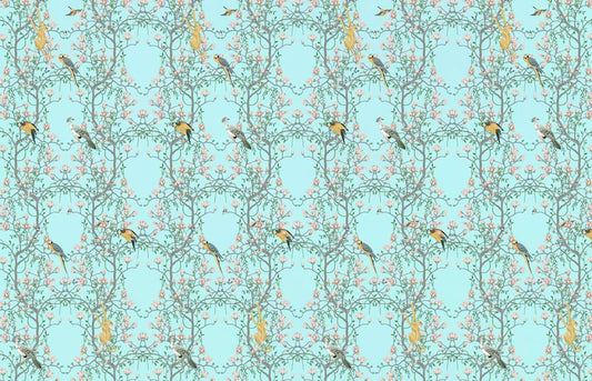 Vintage Bird Floral Teal Mural Wallpaper