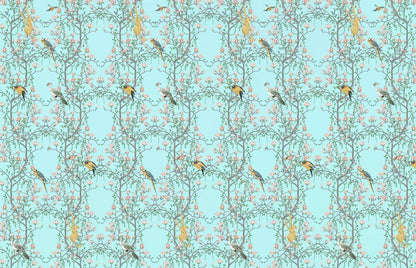 Vintage Bird Floral Teal Mural Wallpaper
