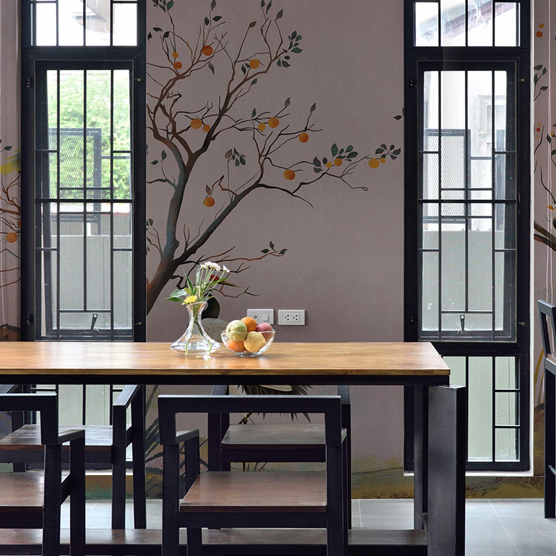 Wallpaper mural with Birds and Trees in Autumn for Use in Decorating the Dining Room