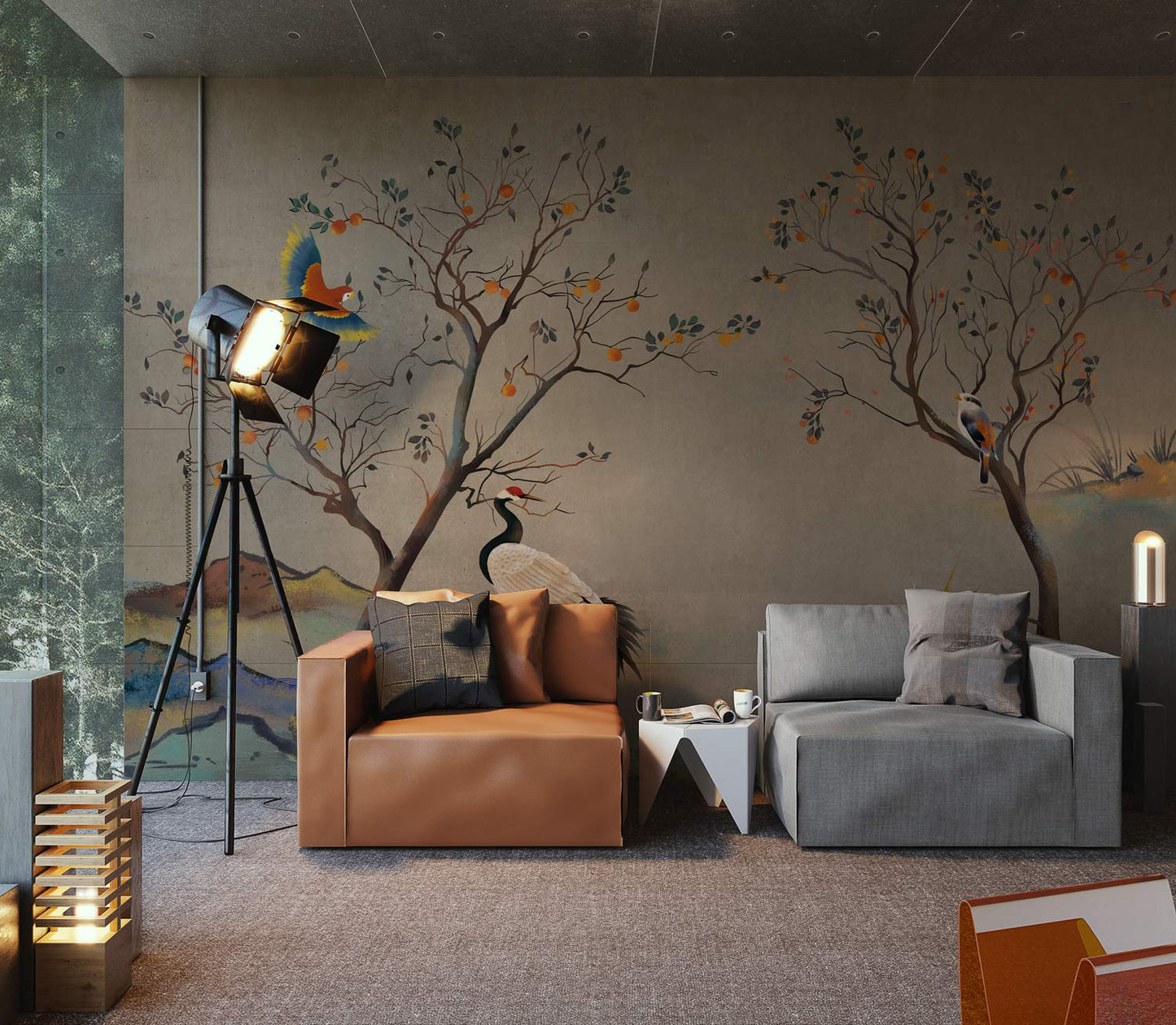 Wallpaper mural for living room decoration including birds and trees in autumn foliage.