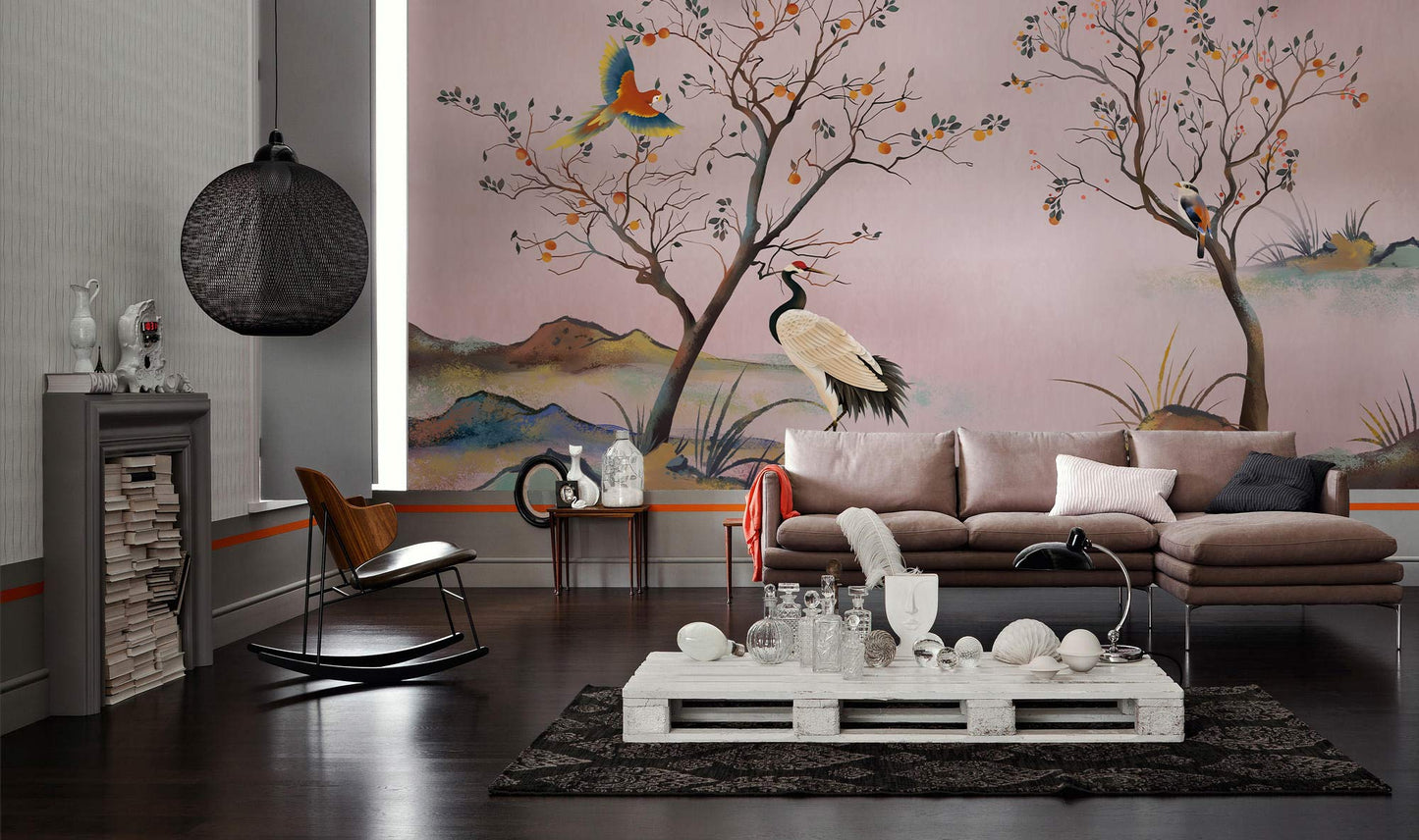 Wallpaper mural with Birds and Trees in Autumn for Use in Decorating the Living Room