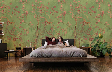 Carta da parati murale con motivi botanici di uccelli vintage