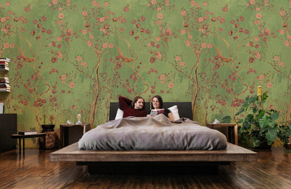 birds on branch vintage wall mural for bedroom