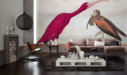 Vintage Bird Illustration Art Wall Mural in living room