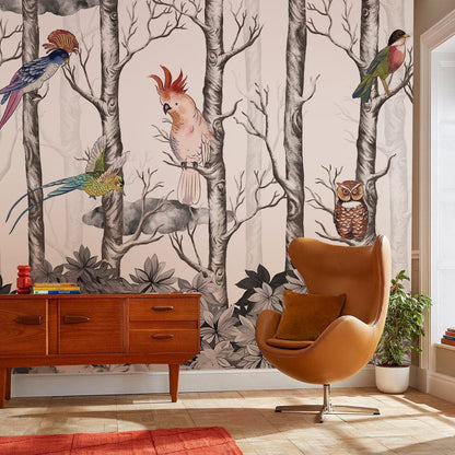 Enchanted Forest Birds Mural Wallpaper in living room